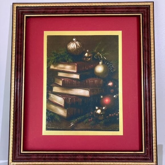 Book Lover Holiday Matted Print Books w/Gold Ornaments Christmas Decor 11x14" - Picture 2 of 2